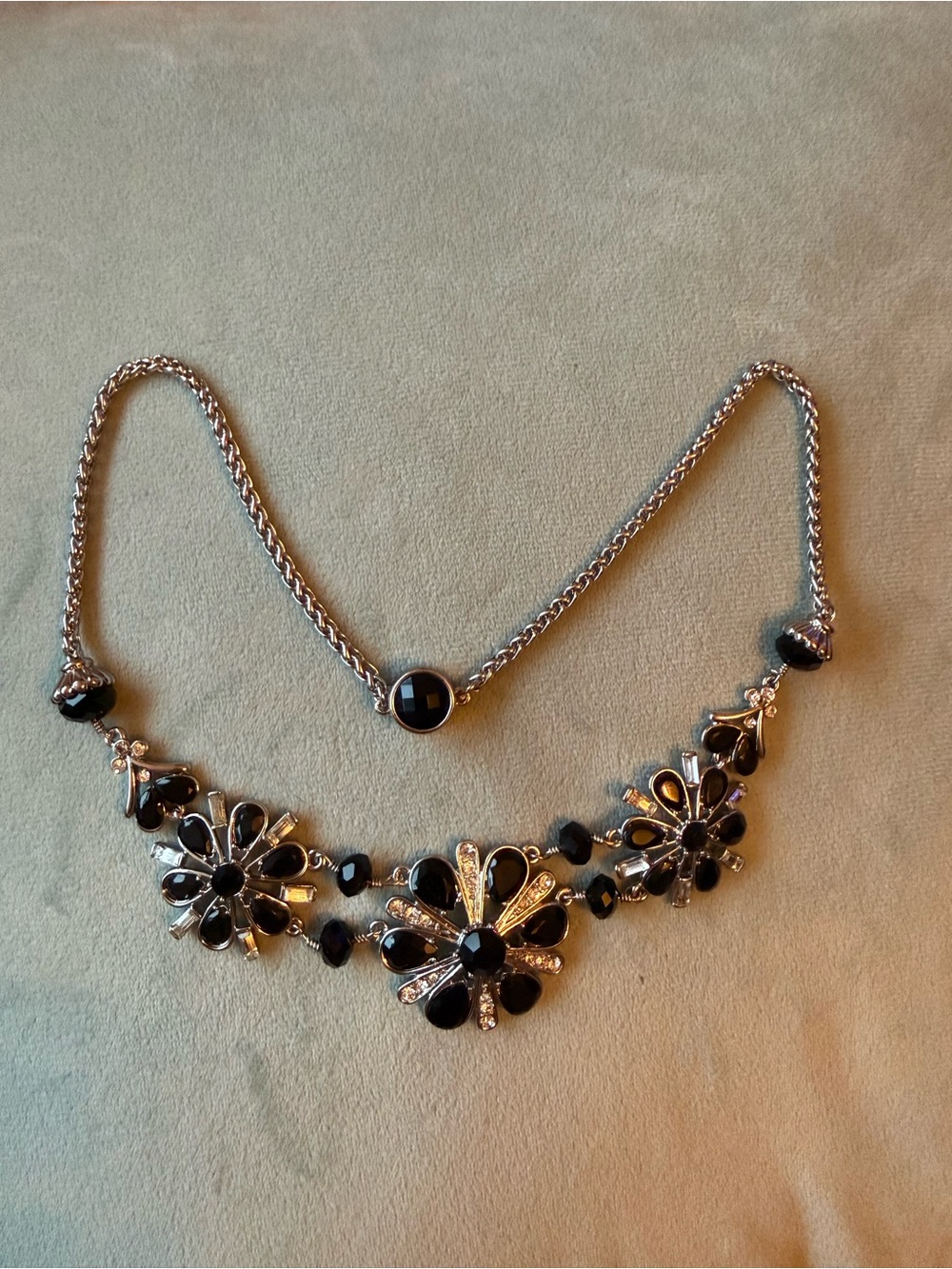 Monet Silver-Tone Necklace with Black Floral Clusters